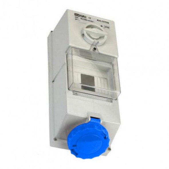240V Blue Wall Mounted Interlocked Socket With Fuse Box 16Amp 2P + E IP55