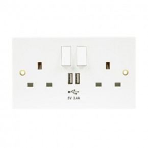 2 Gang 13A Switched Socket White with 2 x USB Socket