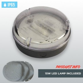 Black Circular Weatherproof IP65 Bulkhead with 15W LED Lamp