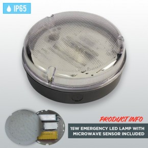 Black Circular Weatherproof IP65 Bulkhead 15W Emergency LED Lamp with Microwave Sensor
