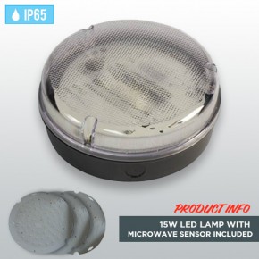 Black Circular Weatherproof IP65 Bulkhead 15W LED Lamp with Microwave Sensor