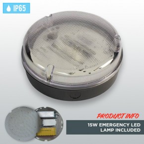 Black Circular Weatherproof IP65 Bulkhead with 15W Emergency LED Lamp