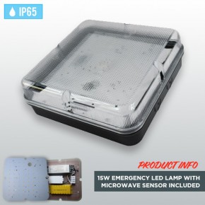 Black Square Weatherproof IP65 Bulkhead 15W Emergency LED Lamp with Microwave Sensor