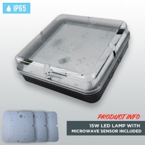 Black Square Weatherproof IP65 Bulkhead 15W LED Lamp with Microwave Sensor