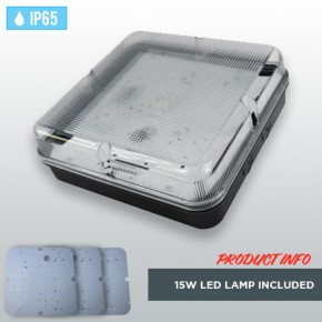 Black Square Weatherproof IP65 Bulkhead with 15W LED Lamp