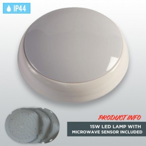 White Circular Polo IP44 15W LED Lamp with Microwave Sensor