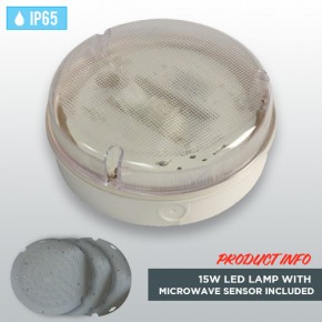 White Circular Weatherproof IP65 Bulkhead 15W LED Lamp with Microwave Sensor