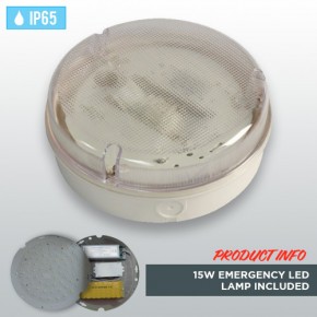 White Circular Weatherproof IP65 Bulkhead with 15W Emergency LED Lamp