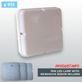 White Square Weatherproof IP65 Bulkhead 15W LED Lamp with Microwave Sensor